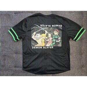 DEMON SLAYER Tanjiro Kamado Black Baseball Jersey Button Up Shirt Men Sz Small